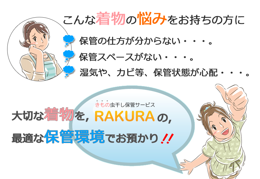 RAKURAとは、着物クリーニングと、保管の仕方が分からない・スペースがない・カビ・湿気が心配な方に向けた保管サービスです。